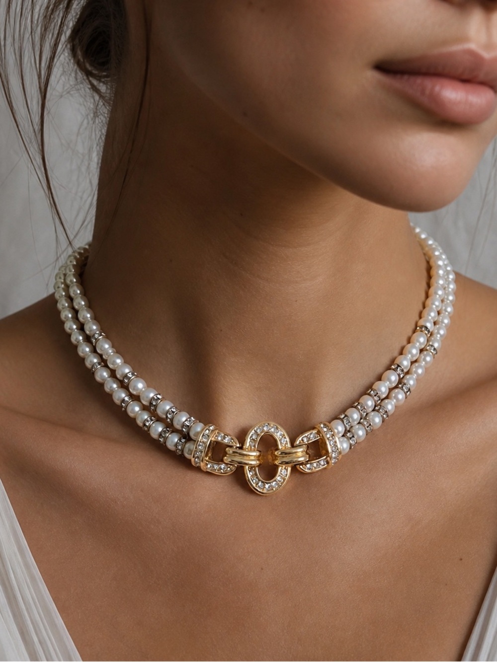 Vintage 80s Henkel & Grosse Choker Necklace Faux Pearl Pave Rhinestone Gold Tone